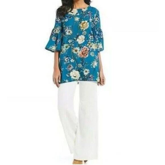 Bryn Walker Diego Tunic Teal Blue Floral Size Medium Bell Sleeves - Picture 2 of 13